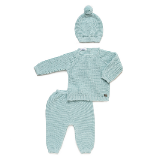 Conjunto bebé em malha verde água com gorro e calças- Juliana