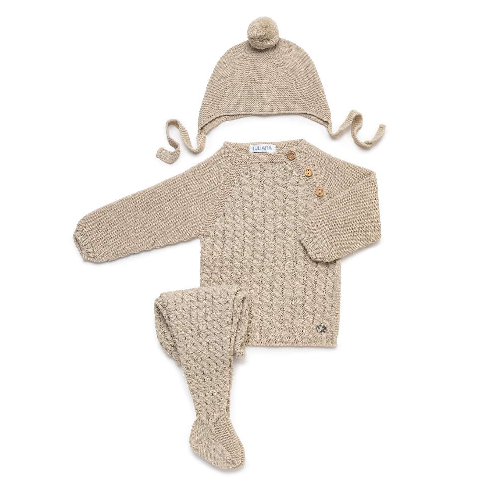 Conjunto bebé malha bege com gorro e calças - Juliana