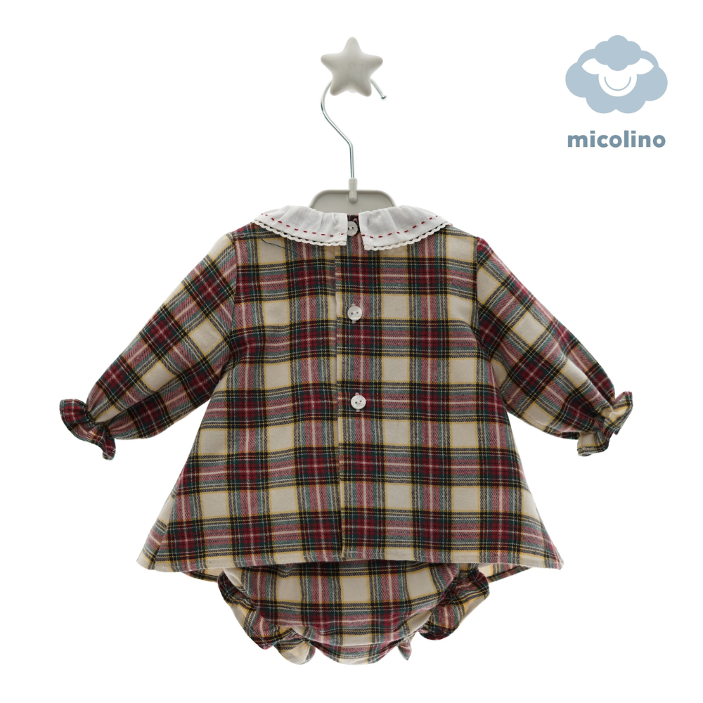Conjunto vestido bebé menina xadrez com gola bordada e tapa fraldas - Micolino