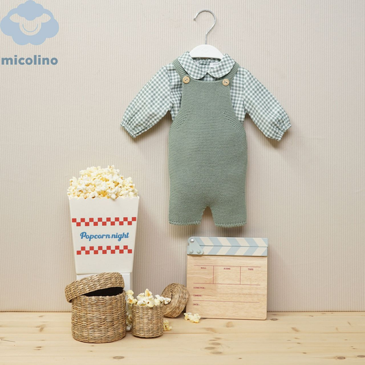 Conjunto camisa xadrez verde com jardineiras em malha para Bebé - Micolino