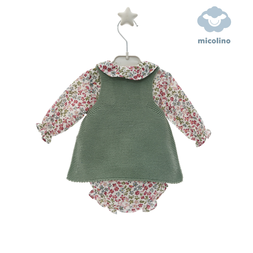 Conjunto bebé menina vestido em malha com camisa e tapa fraldas - Micolino