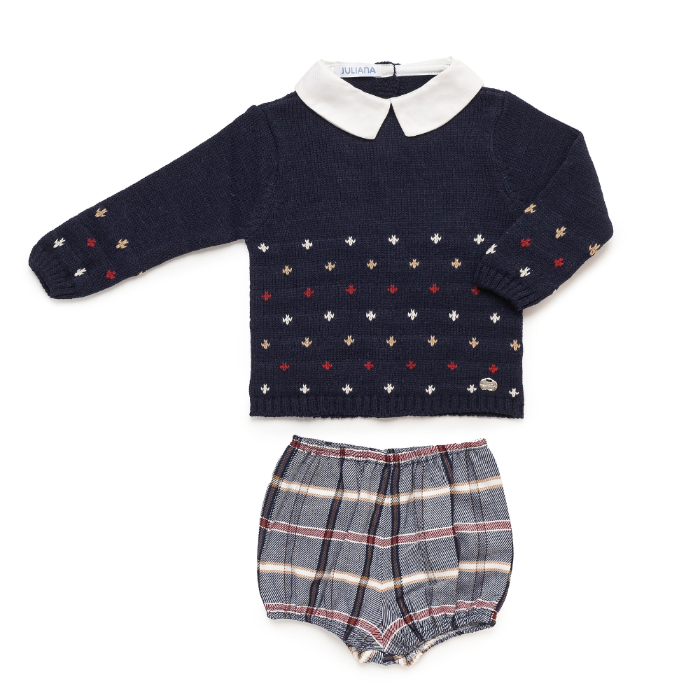 Conjunto menino de malha azul marinho com camisa e calções xadrez - Juliana