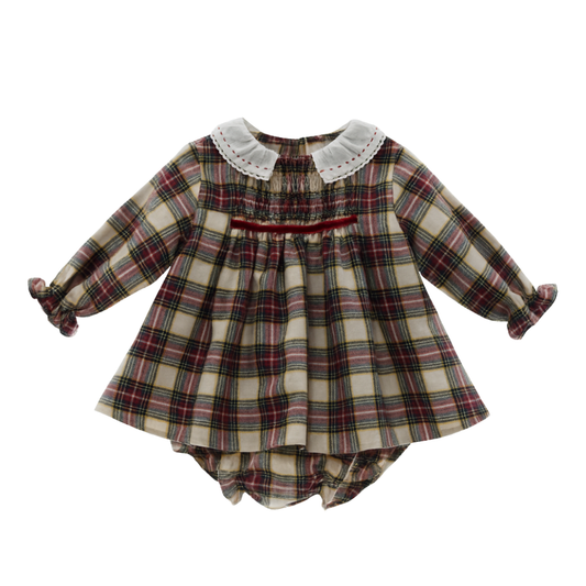 Conjunto vestido bebé menina xadrez com gola bordada e tapa fraldas - Micolino