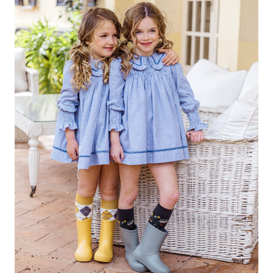 Vestido menina em xadrez azul "Seda" - Yoedu