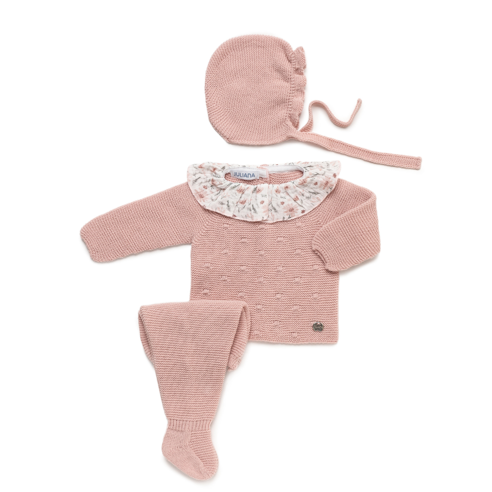 Conjunto bebé rosa em malha, com gola floral - Juliana