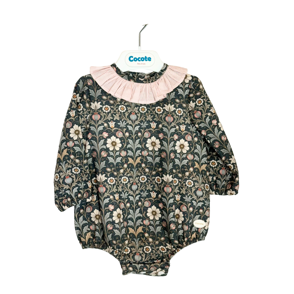 Fofo bebé de manga comprida com padrão floral e gola riscas rosa – Cocote