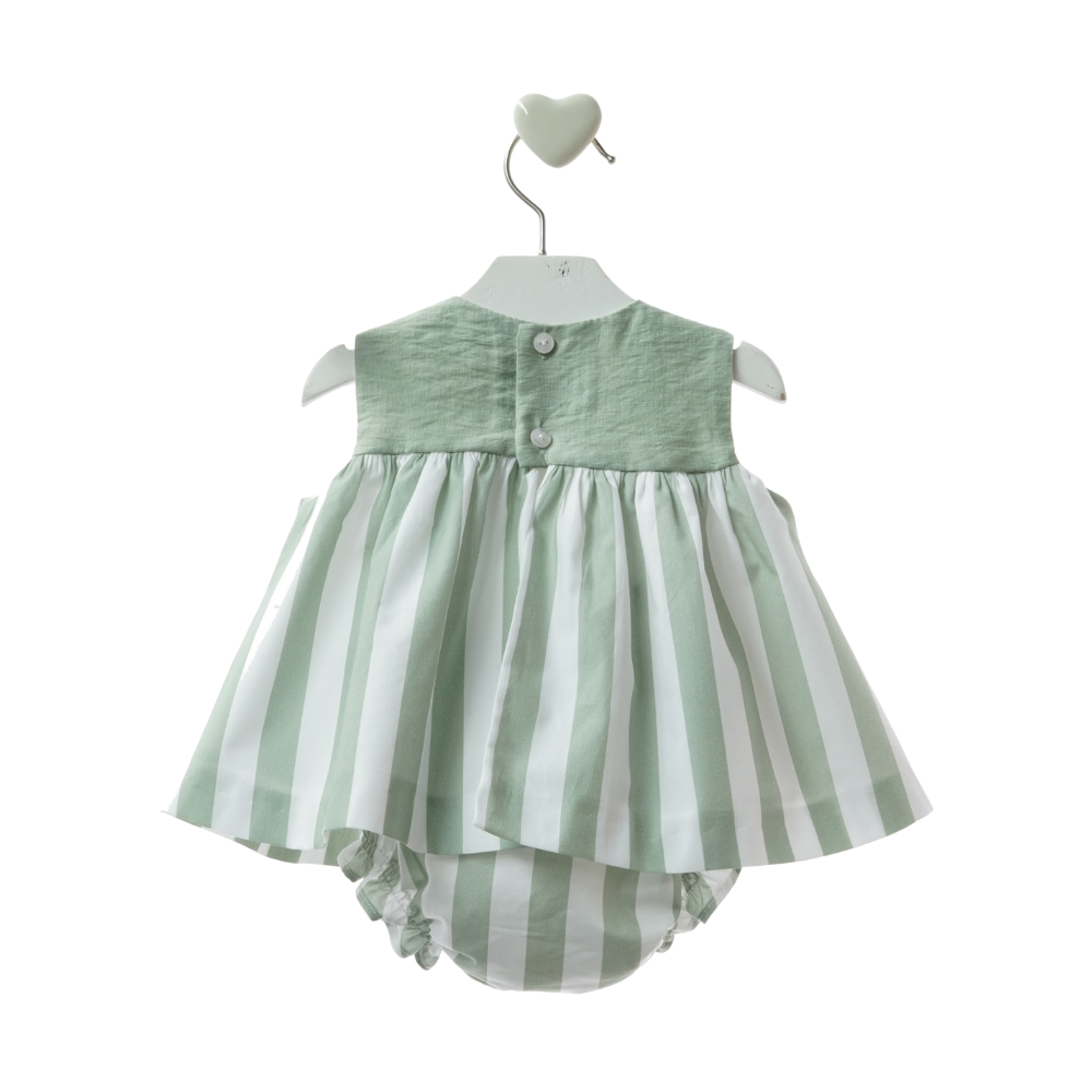 Vestido "Minarai" bebé às riscas verdes com peito smock + tapa-fralda - Marta Y Paula