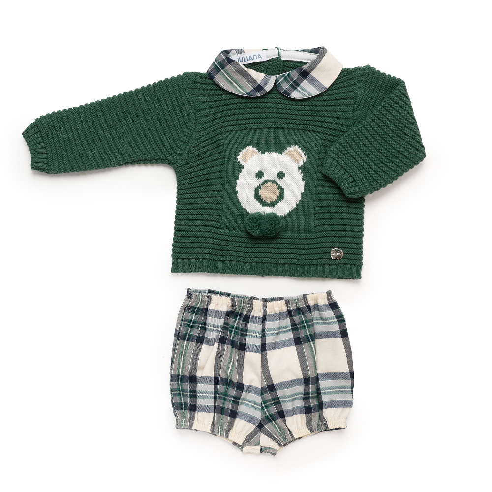 Conjunto bebé verde com camisola em malha e calções xadrez - Juliana