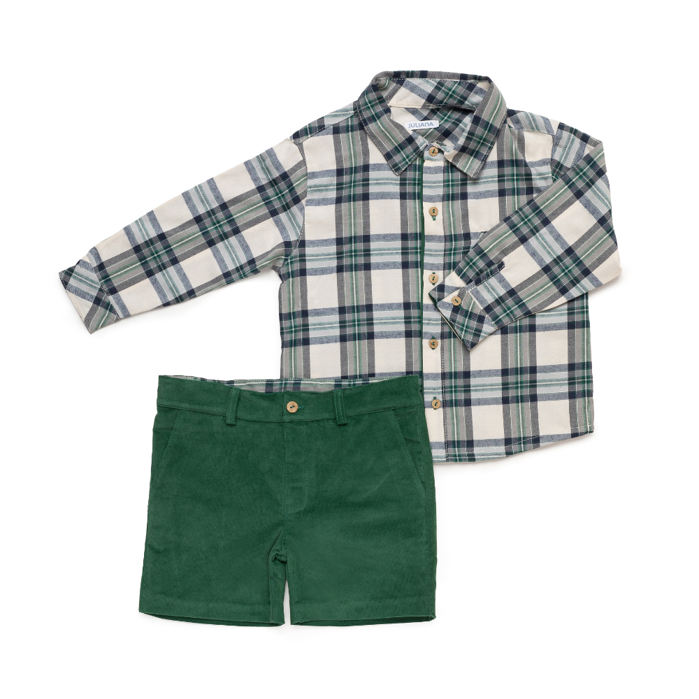 Conjunto menino camisa xadrez verde e calções - Juliana