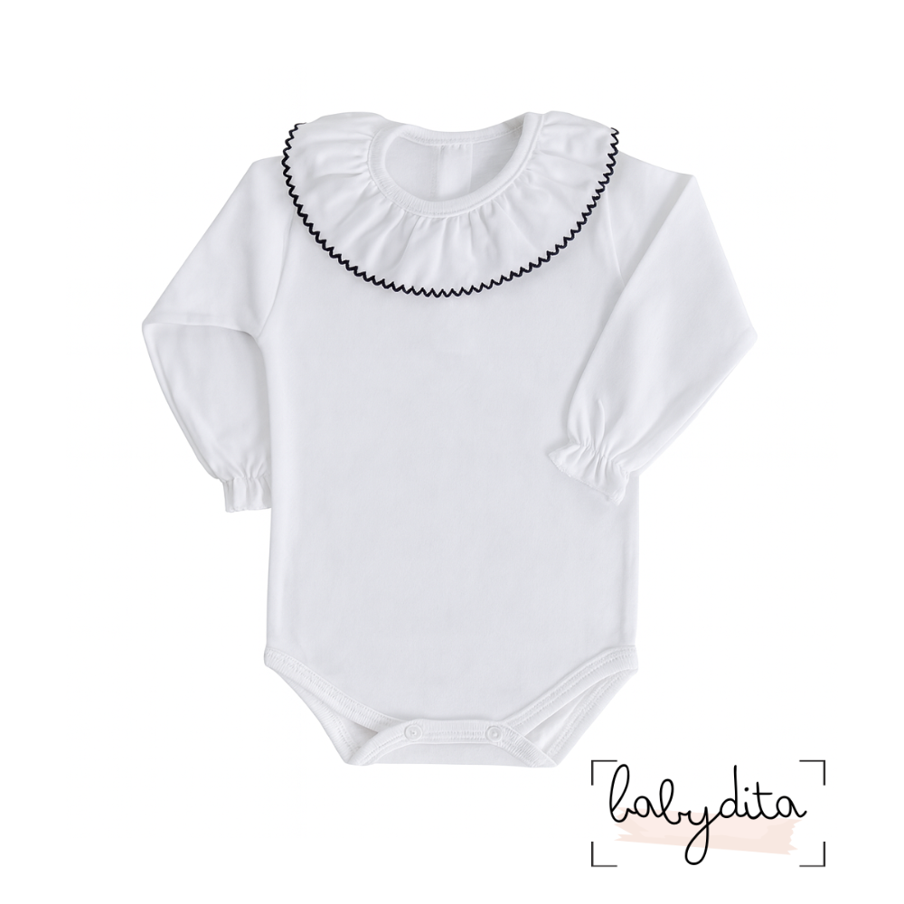 Body branco com gola folho azul marinho