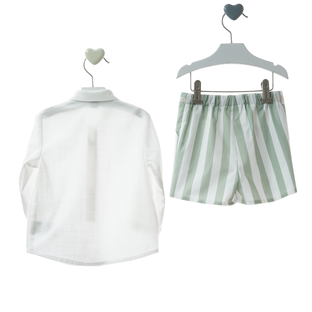 Conjunto "Minarai" menino camisa branca e calções às riscas verdes