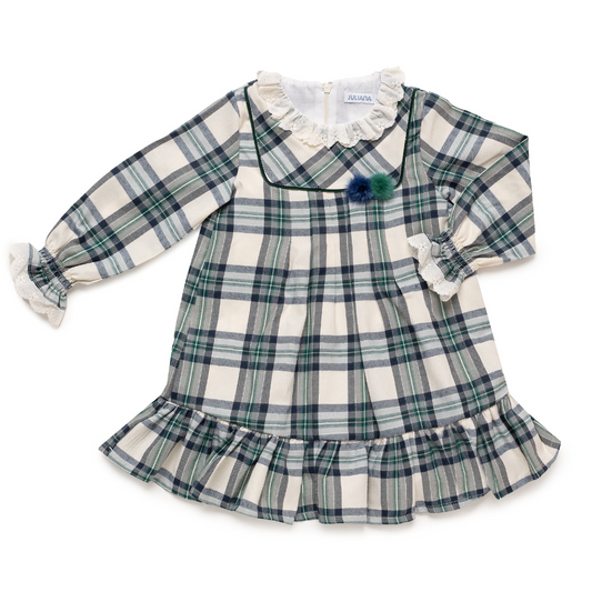 Vestido menina xadrez com gola em renda e Folhos - Juliana
