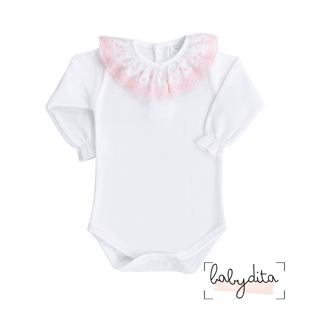Body branco com gola de folho bordada em rosa bebé