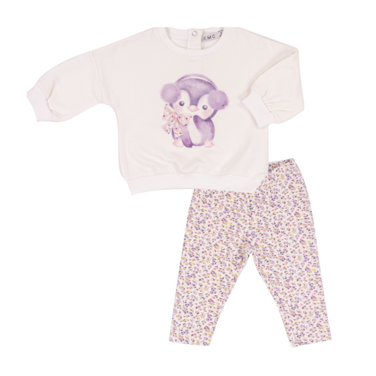 Conjunto bebé menina com sweat pinguim e leggings floridas - EMC