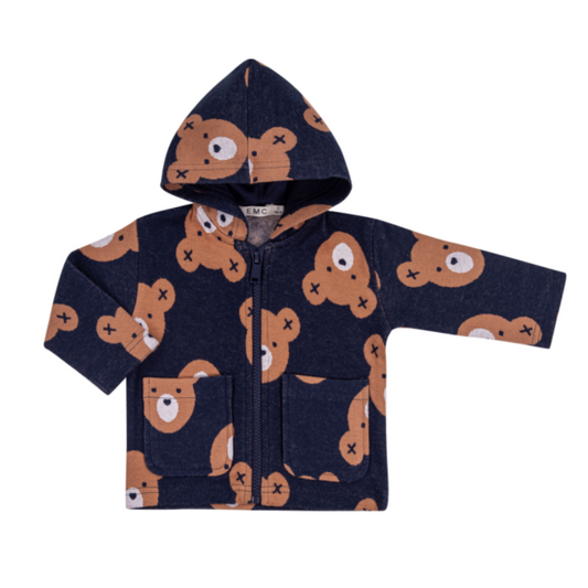 Casaco de bebé com capuz azul marinho e estampado de ursinhos - EMC
