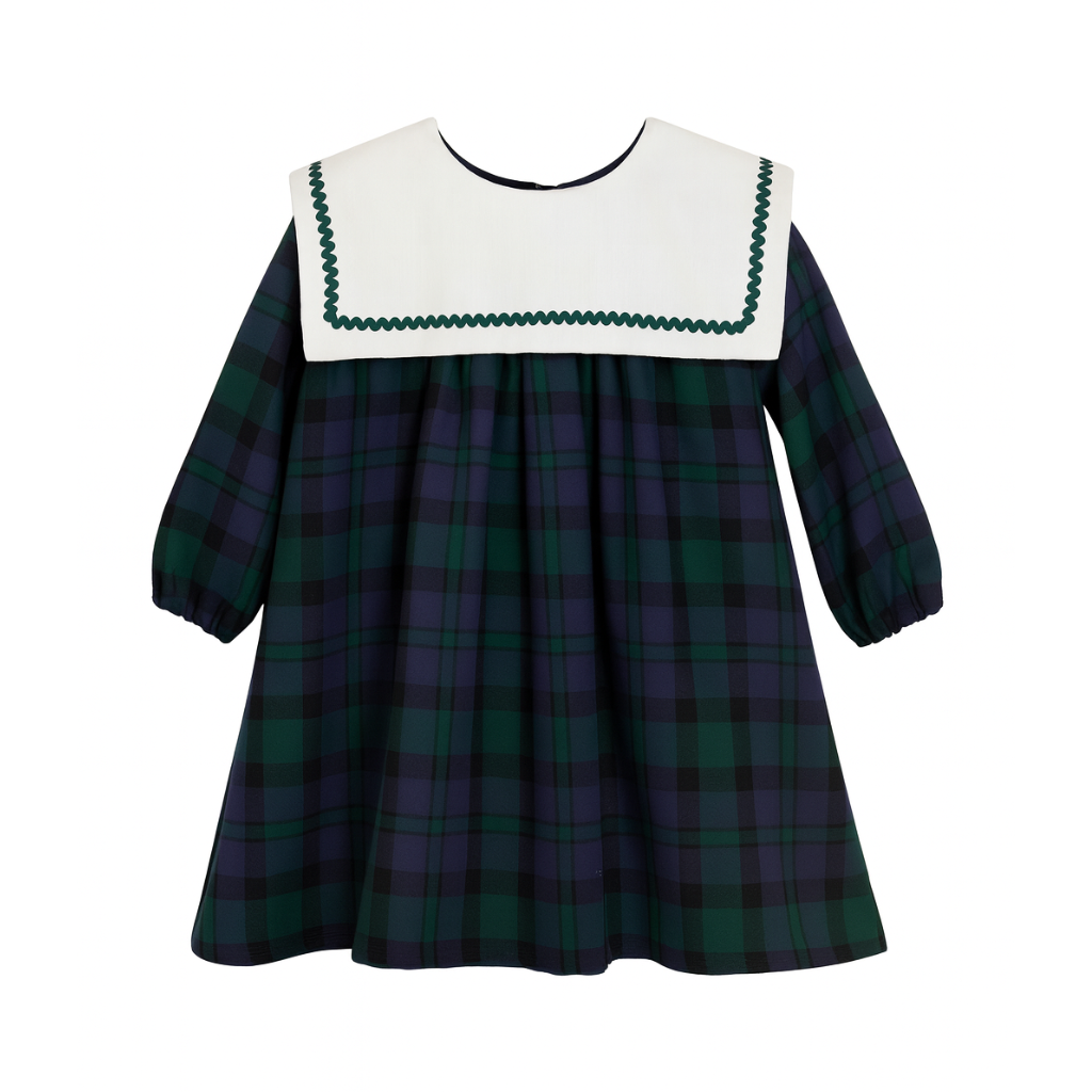 Vestido London xadrez verde e azul com gola branca - Babydita