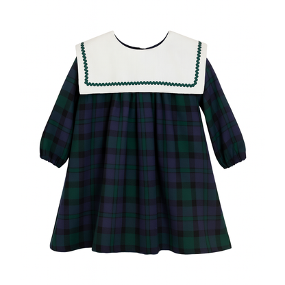 Vestido London xadrez verde e azul com gola branca - Babydita