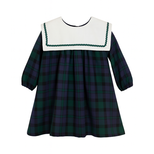 Vestido London xadrez verde e azul com gola branca - Babydita