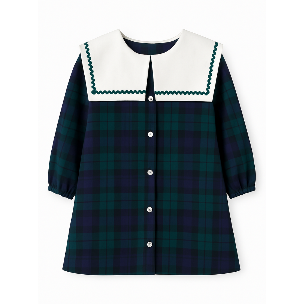 Vestido London xadrez verde e azul com gola branca - Babydita