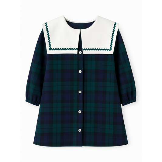 Vestido London xadrez verde e azul com gola branca - Babydita