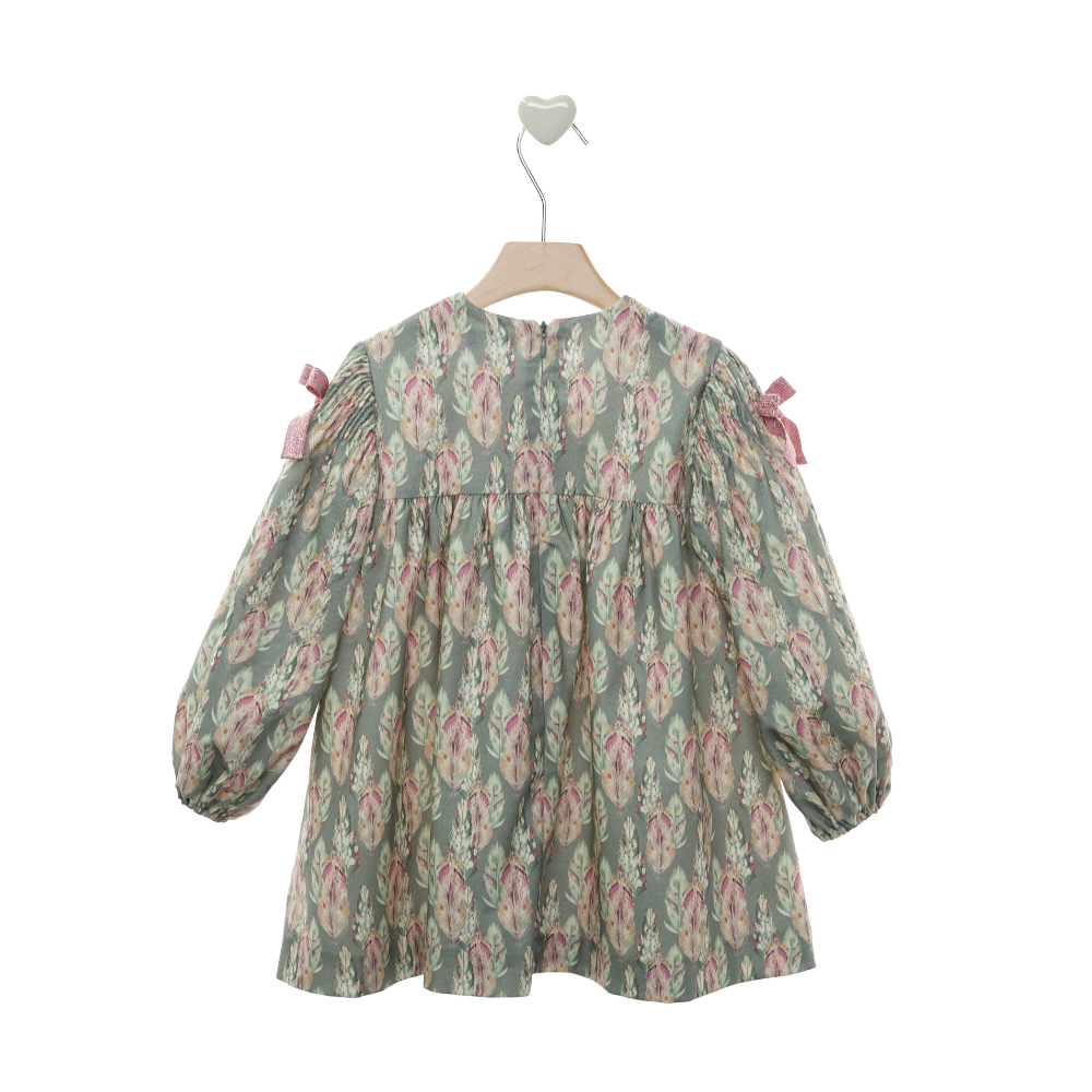 Vestido Menina Verde Floral com Laços Rosa - Marta Y Paula