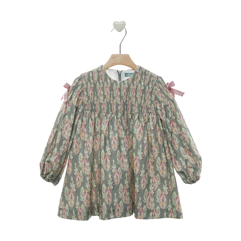 Vestido Menina Verde Floral com Laços Rosa - Marta Y Paula