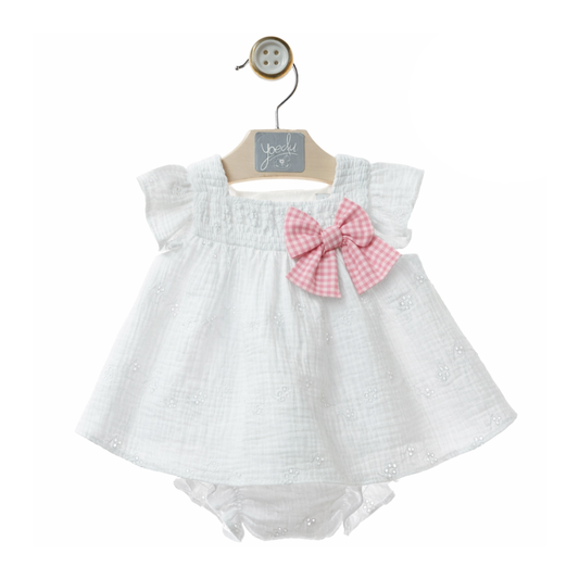 Conjunto Vestido Branco com Laço Vichy Rosa e Tapa-fraldas - Yoedu