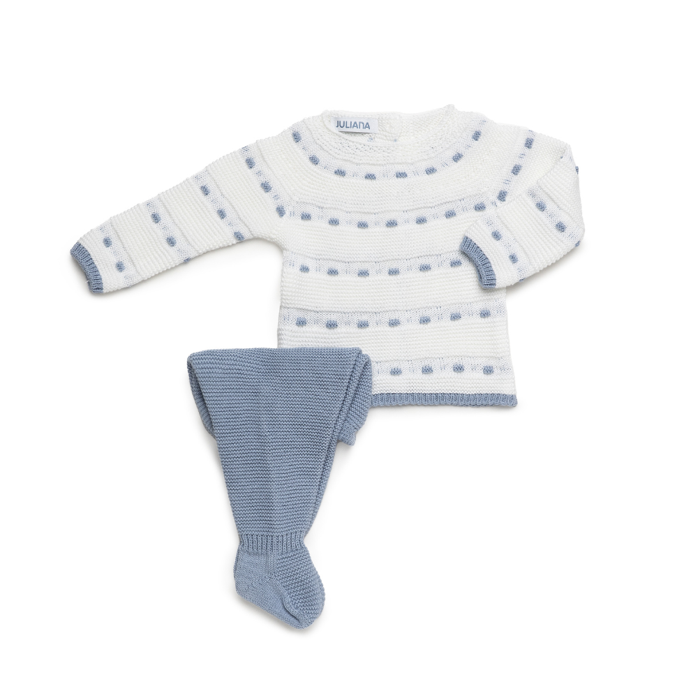 Conjunto de Malha Branco e Azul Bebé com Camisola e Calças- Juliana