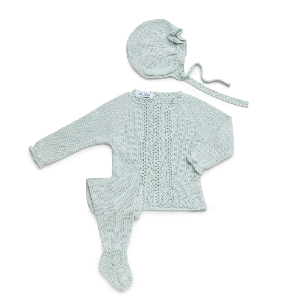 Conjunto de Malha Verde Água Bebé com Camisola, Calças e Touca - Juliana