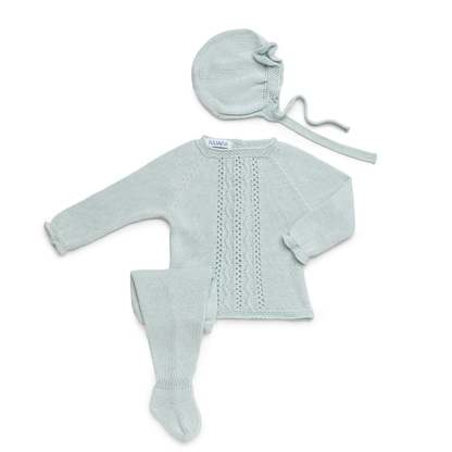 Conjunto de Malha Verde Água Bebé com Camisola, Calças e Touca - Juliana
