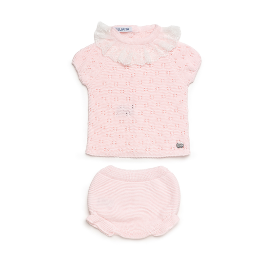 Conjunto de Malha Rosa Bebé com Gola em Renda e Tapa-Fraldas - Juliana