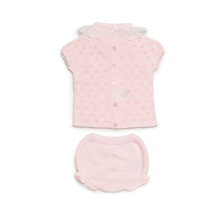 Conjunto de Malha Rosa Bebé com Gola em Renda e Tapa-Fraldas - Juliana