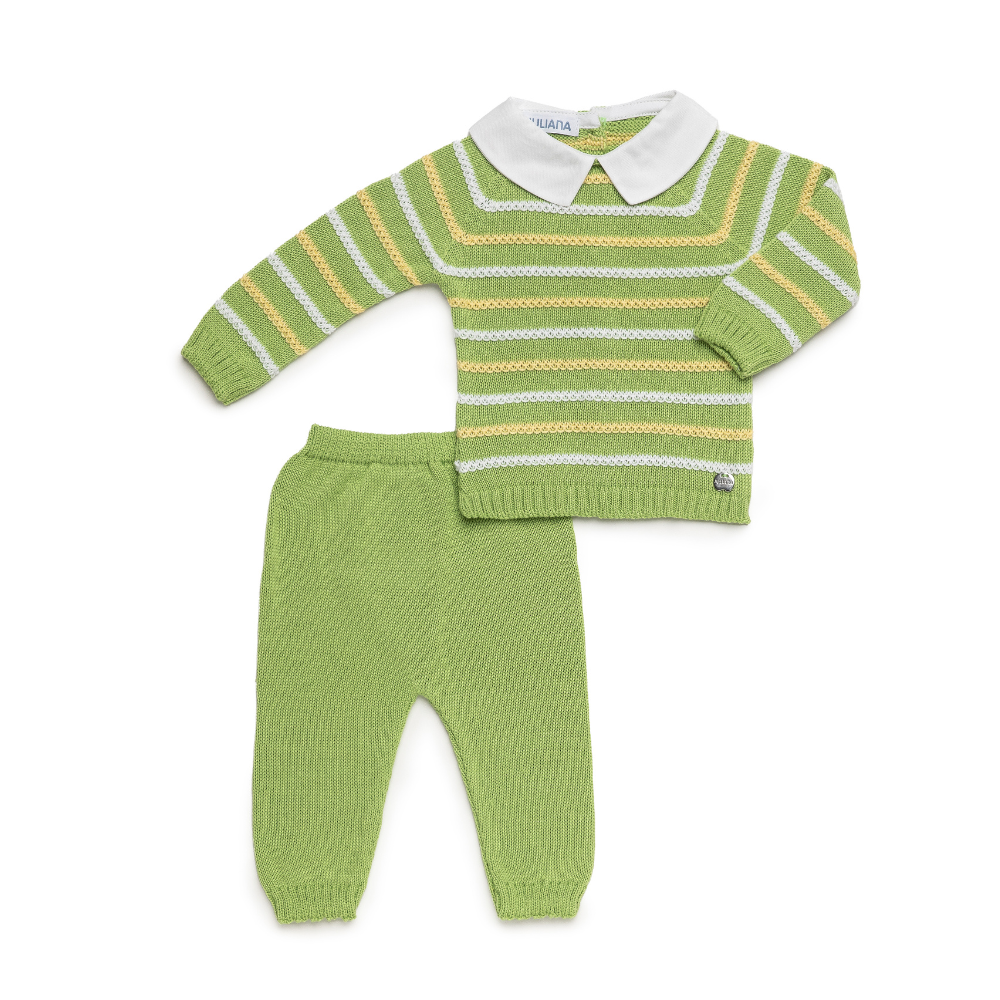 Conjunto de Malha Verde Bebé às Riscas com Gola Branca e Calças - Juliana
