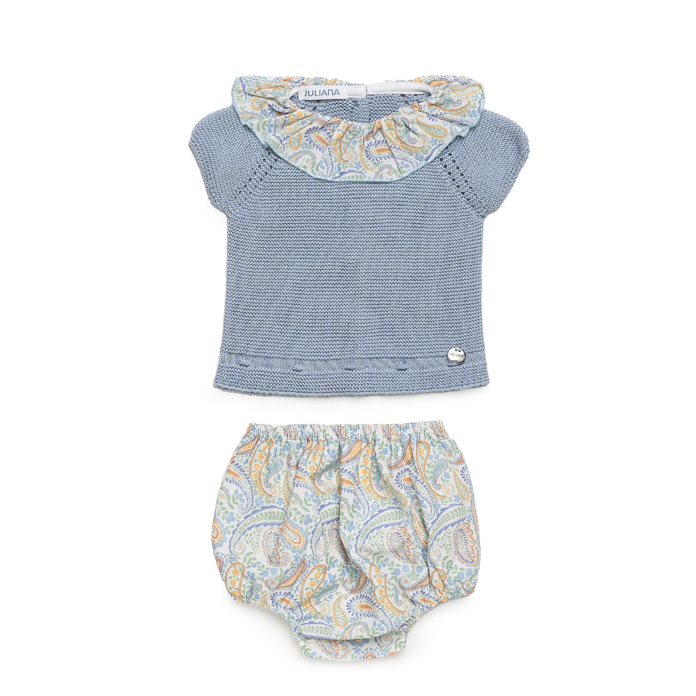 Conjunto de Malha Azul Bebé com Gola Estampada e Tapa-Fraldas - Juliana