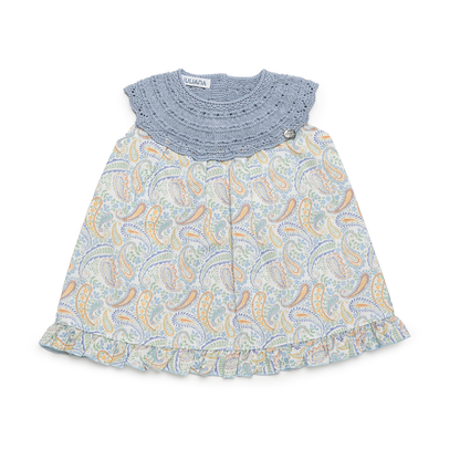 Vestido Bebé Estampado com Gola de Malha Azul e Folho - Juliana