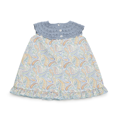 Vestido Bebé Estampado com Gola de Malha Azul e Folho - Juliana