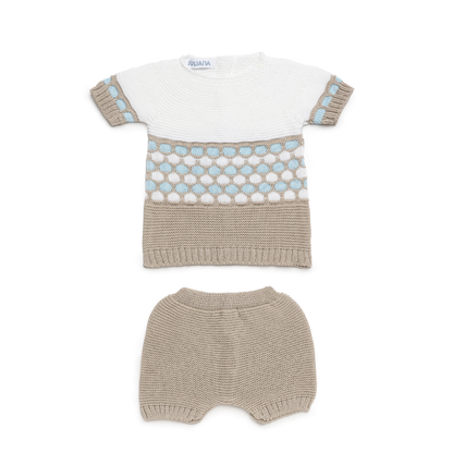 Conjunto de malha para bebé em branco, bege e azul- Juliana