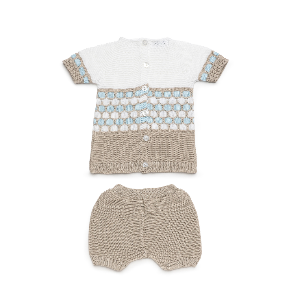 Conjunto de malha para bebé em branco, bege e azul- Juliana