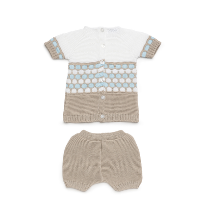 Conjunto de malha para bebé em branco, bege e azul- Juliana