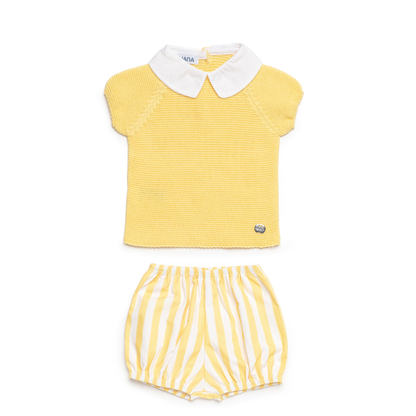 Conjunto amarelo para bebé com camisola de malha e calção às riscas - Juliana