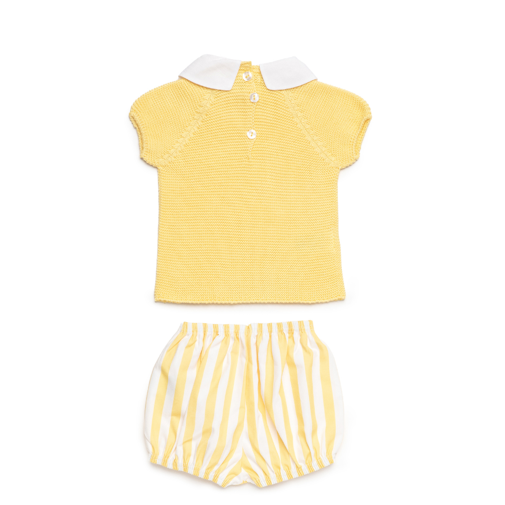 Conjunto amarelo para bebé com camisola de malha e calção às riscas - Juliana