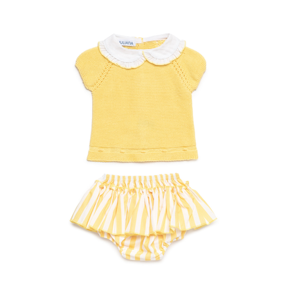 Conjunto amarelo para bebé com camisola de malha e tapa-fraldas às riscas - Juliana