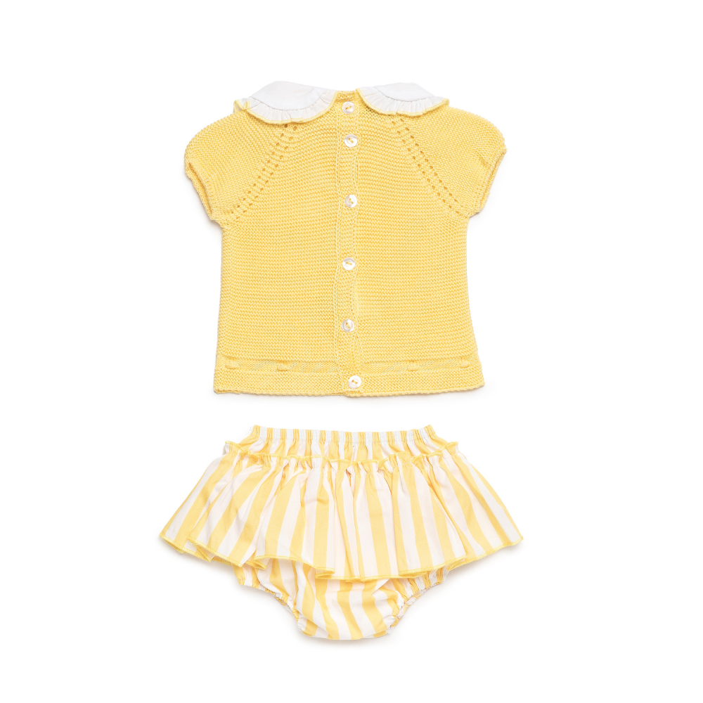 Conjunto amarelo para bebé com camisola de malha e tapa-fraldas às riscas - Juliana
