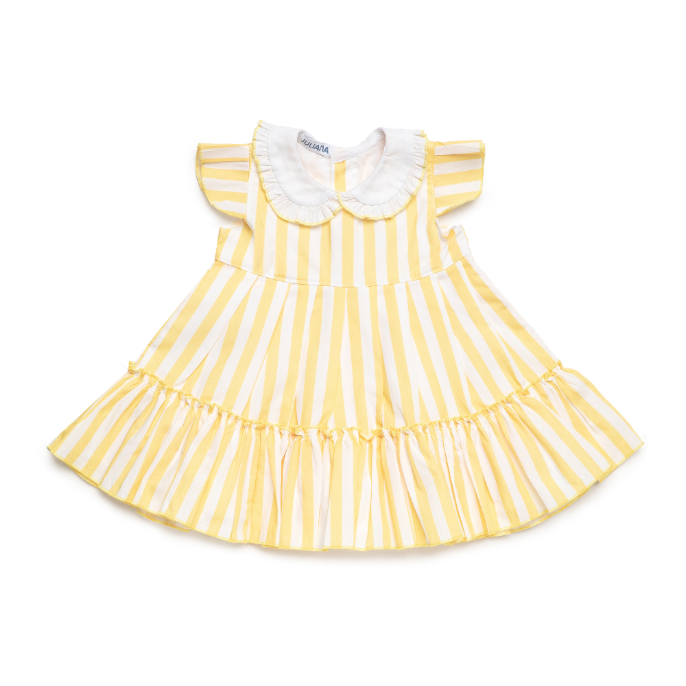 Vestido amarelo para bebé às riscas com gola branca- Juliana