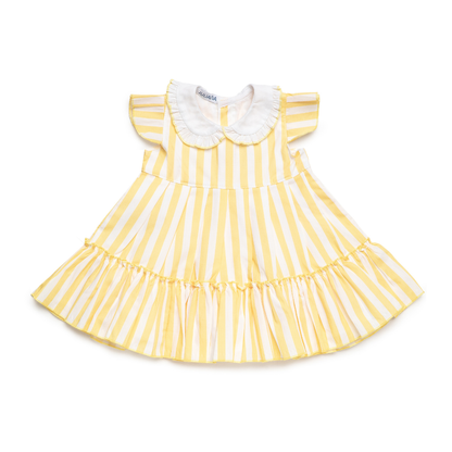 Vestido amarelo para bebé às riscas com gola branca- Juliana