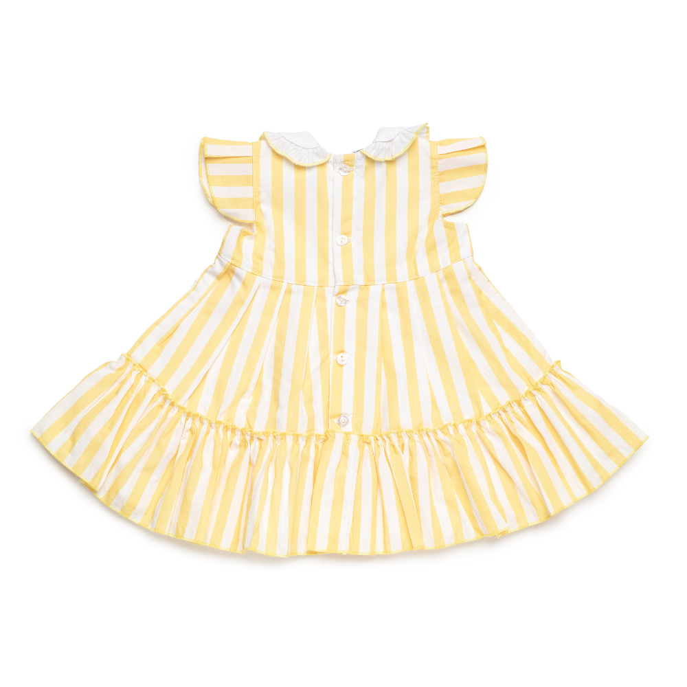 Vestido amarelo para bebé às riscas com gola branca- Juliana