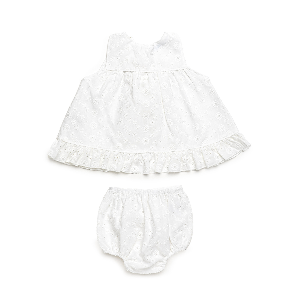 Conjunto vestido branco bordado para bebé com tapa-fraldas - Juliana