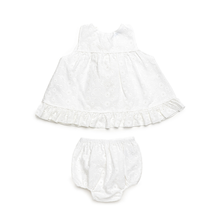 Conjunto vestido branco bordado para bebé com tapa-fraldas - Juliana