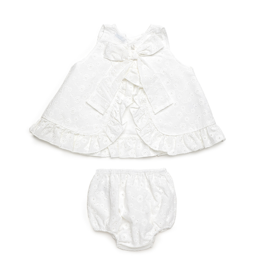 Conjunto vestido branco bordado para bebé com tapa-fraldas - Juliana