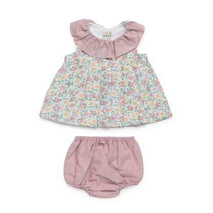 Conjunto Vestido floral para bebé com gola rosa e tapa-fraldas- Juliana